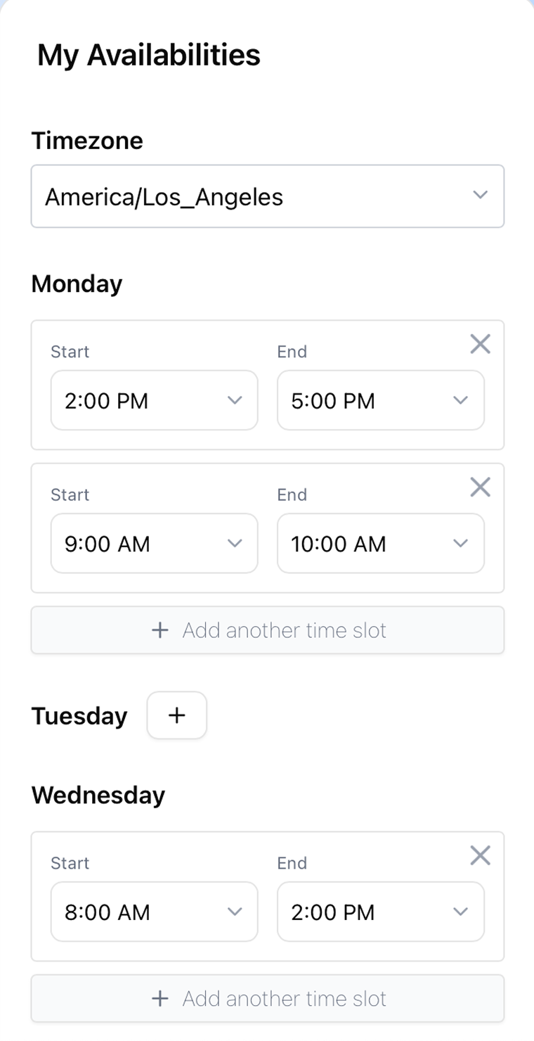 screenshot of the calendra booking page.